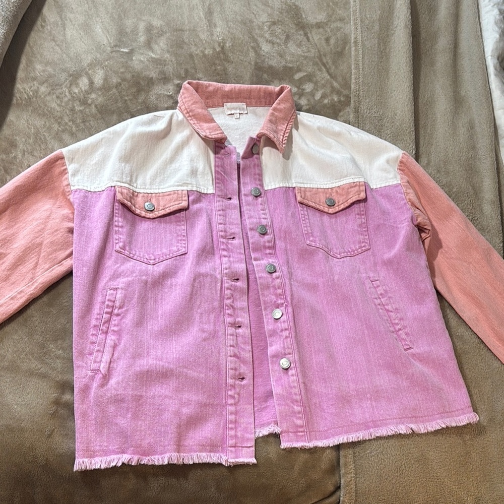 Trendy Pink and White Denim Jacket